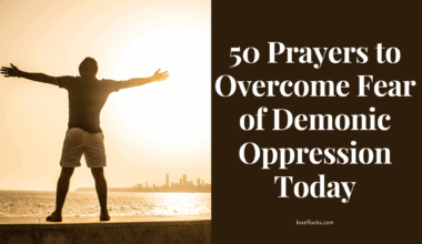 A believer standing in radiant light with open arms while shadows flee