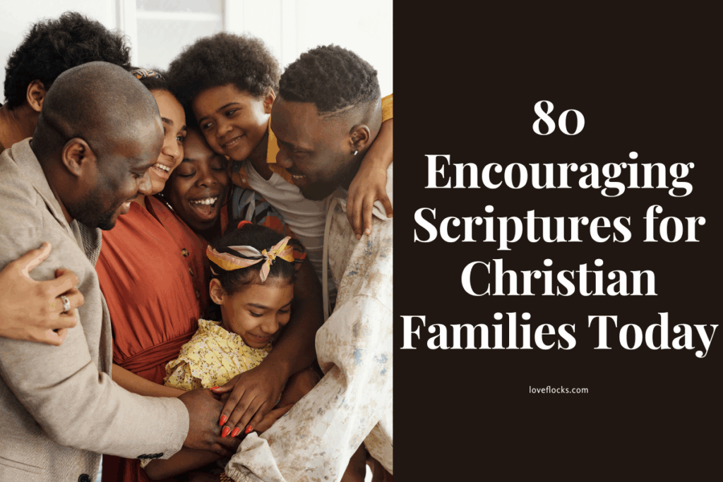 A joyful Christian family gathered around an open Bible in a cozy living room