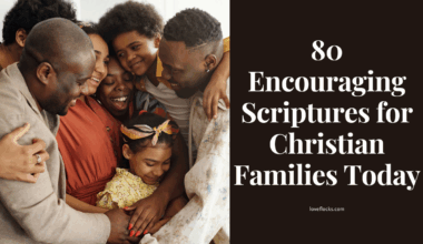 A joyful Christian family gathered around an open Bible in a cozy living room