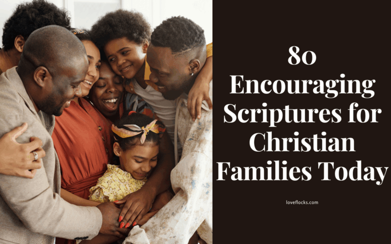 A joyful Christian family gathered around an open Bible in a cozy living room