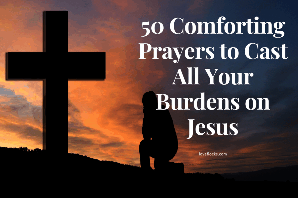 A person kneeling at the foot of a cross, releasing burdens and finding rest in Jesus.