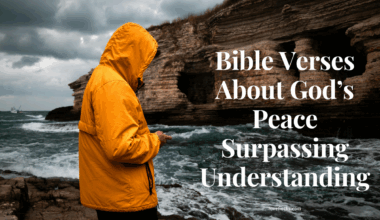 A person standing in peace during a storm, representing God's peace that surpasses understanding.