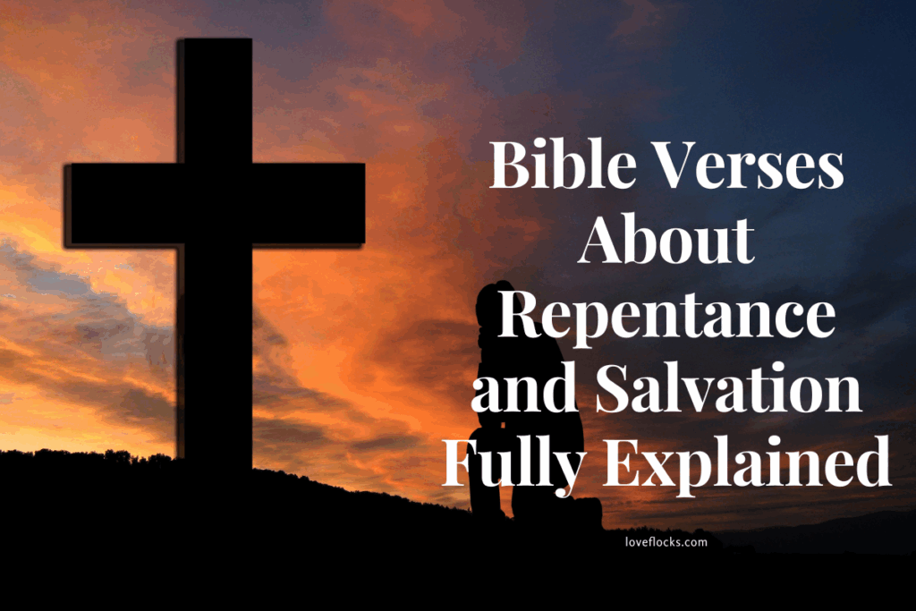 Kneeling at a cross with open Bible, symbolizing repentance and salvation through Jesus.