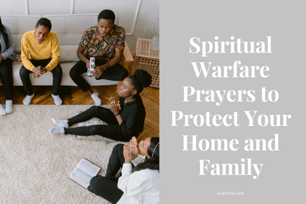 A family praying together in their living room