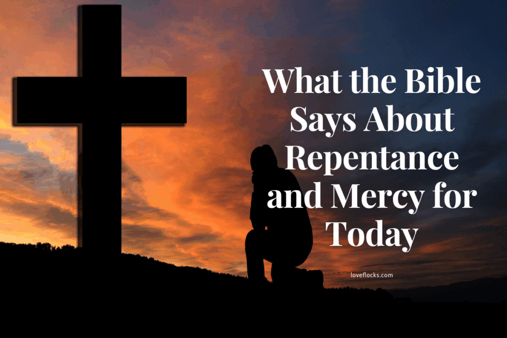 A repentant person receiving God's mercy at the cross