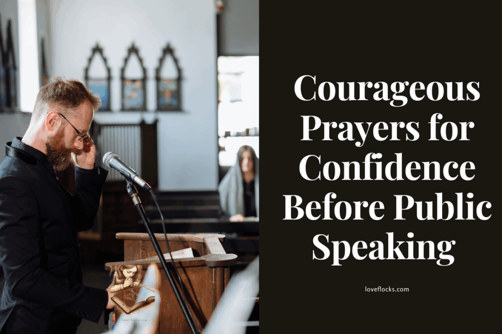 A person standing at a podium, hands resting on a Bible, praying for confidence before speaking to an audience.