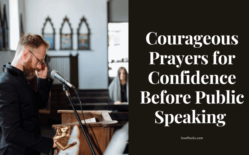 A person standing at a podium, hands resting on a Bible, praying for confidence before speaking to an audience.