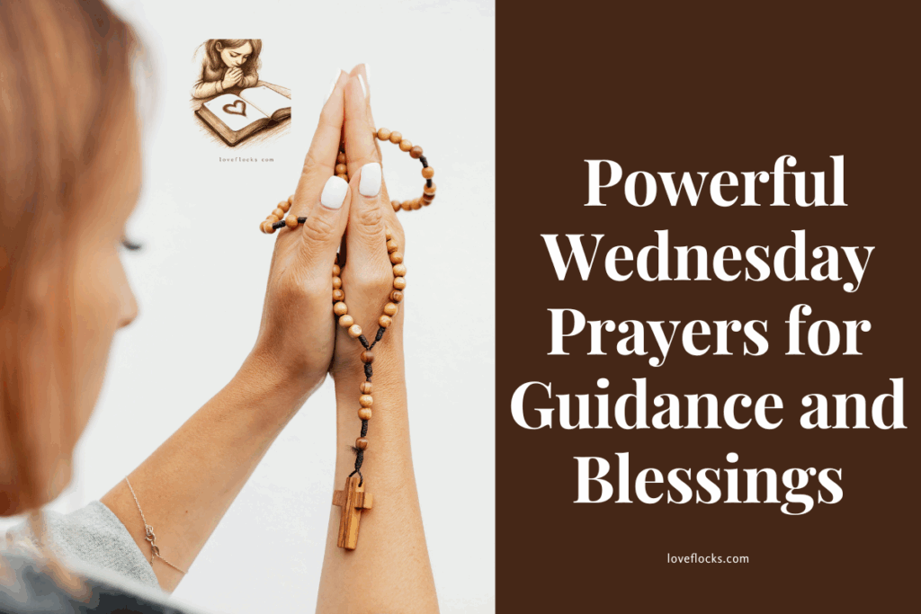 Woman praying with hands lifted, seeking guidance and blessings on a peaceful Wednesday morning.